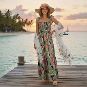 Abstract Floral Tie Shoulder,  Smocked Bodice Tiered Maxi Summer Dress SIZE L/XL